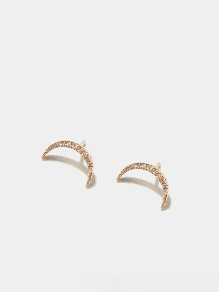 Diamond Moon Studs, 14K Gold